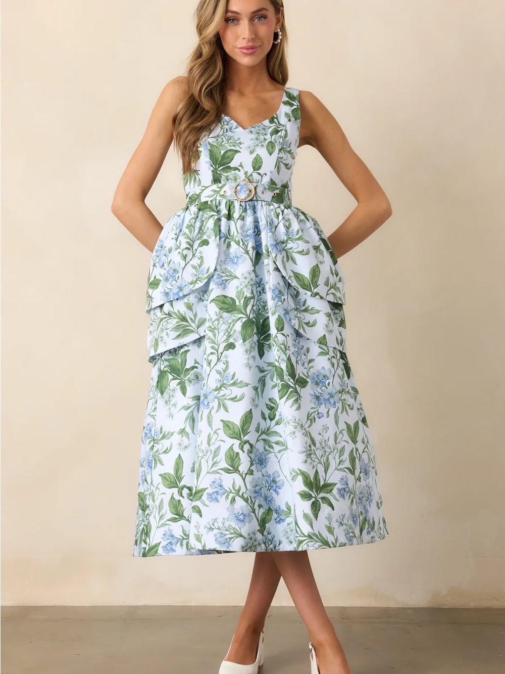 Prosperina Diana Floral A-Line Midi Dress in Blue and Green - Small